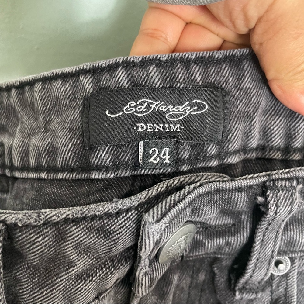 Ed Hardy Loose Wide Leg Jeans Death Before Dishonor Patch Logo Black Women Sz 24 - Picture 8 of 9